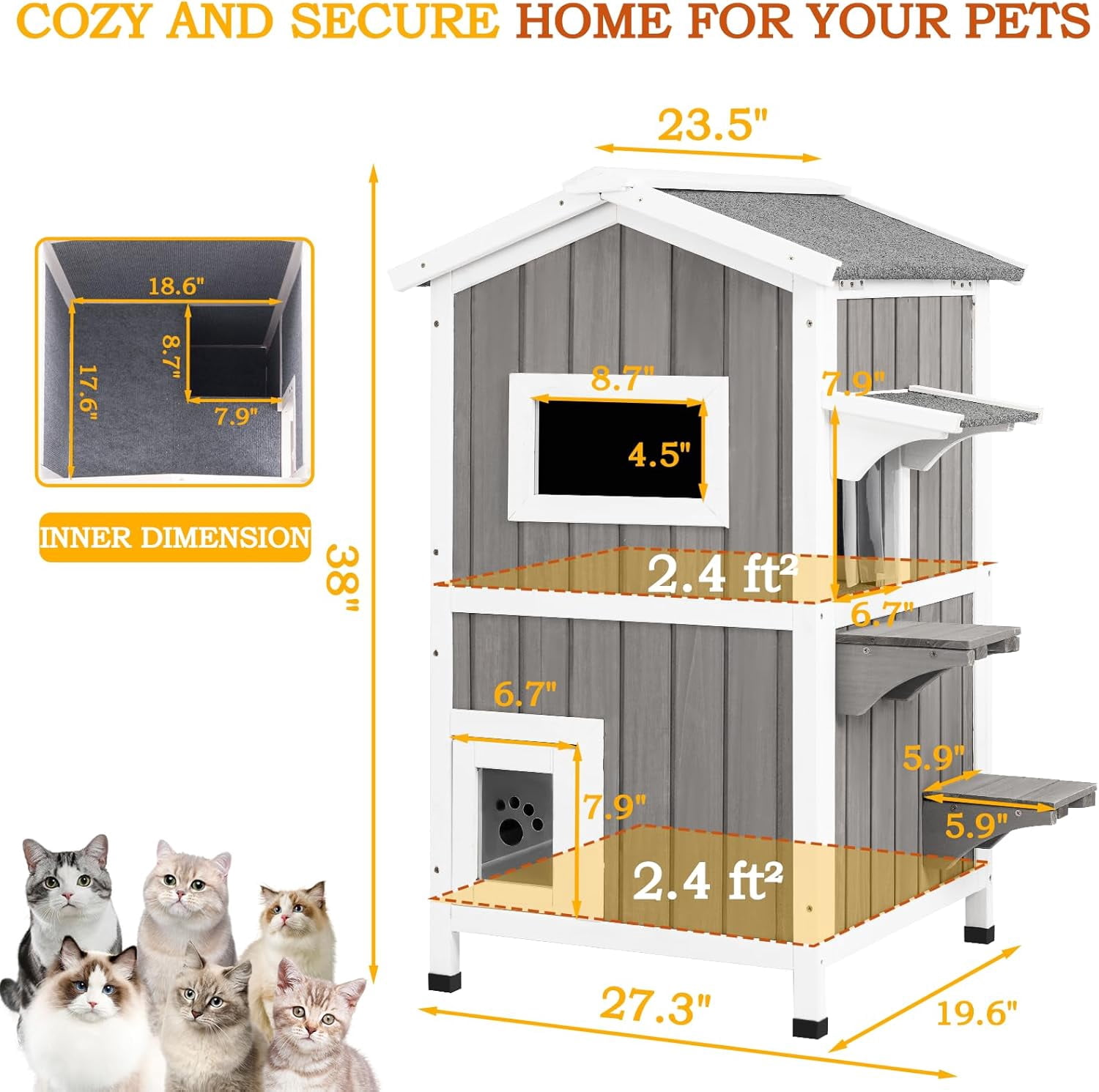 PETSCOSSET Insulated Outdoor Cat House Two Story - Weatherproof Elevated - Gray