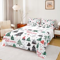 jejeloiu Cartoon Christmas Tree Bed Sheets,Merry Christmas Tree King Sheets,Red White Black Sheet Set For Children,Super Cozy Room Decor,4-Piece