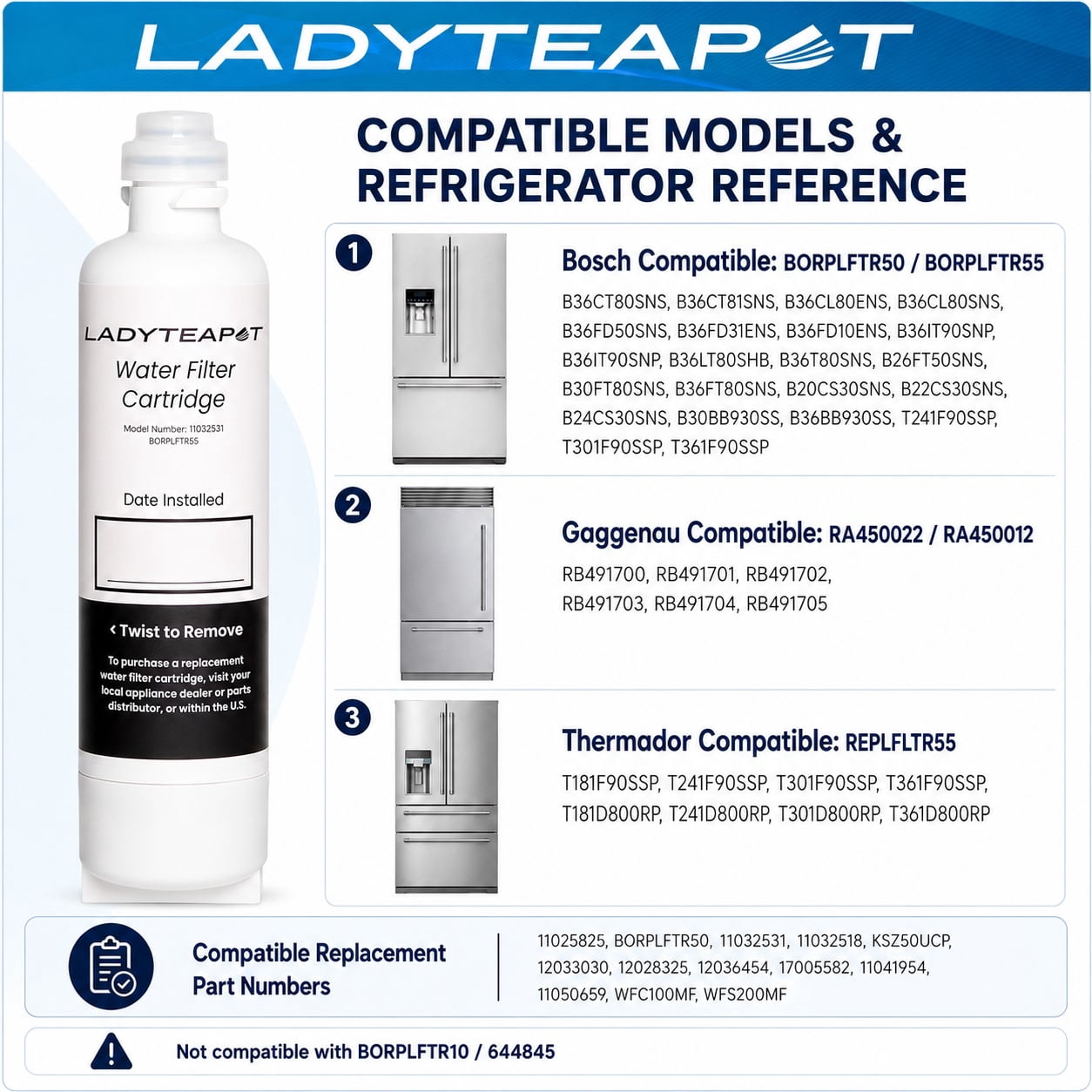LADYTEAPOT 12033030 Replacement for Bosch® UltraClarity® Pro BORPLFTR50, 11032531 Refrigerator Water Filter, Compatible with 11025825, BORPLFTR55, B36CD50, B22CS50, B36FD50SNS, B36CT80SNS ( 3 Pack )