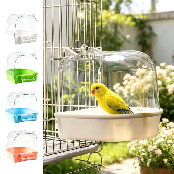Bird Bath for Outdoor Hanging, Bird Bath Tub with Clear Splash Guard Cover, Cage Mount Shower Box for Budgie Cockatiel Parrot, Anti-Splashing Plastic Bird Bath Pool Easy Clean for Indoor Bird Cages