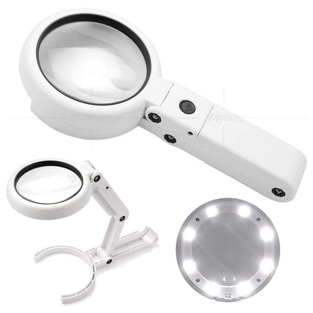 Lupa iluminada de mano 5X 11X en soporte con 8 luces LED, lupa de lectura, lupa de mesa con soporte plegable