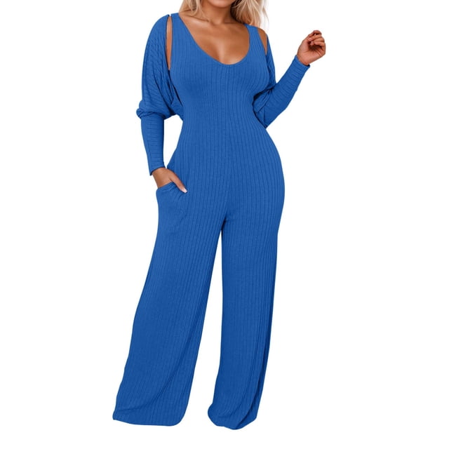 TrendOFT Formal Jumpsuit For Women Summer Plus Size Casual Long Sleeve Deep V Neck High Stretch Ribbed Rompers For Women One Piece Overalls Blue L