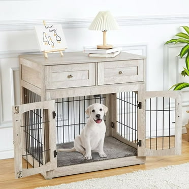 Dog Crate Furniture, 31.5" Wood Dog Kennel with Double Doors, Heavy Duty Dog Cage End Table with 2 Drawers, for Medium/Small Dogs, Rustic Gray