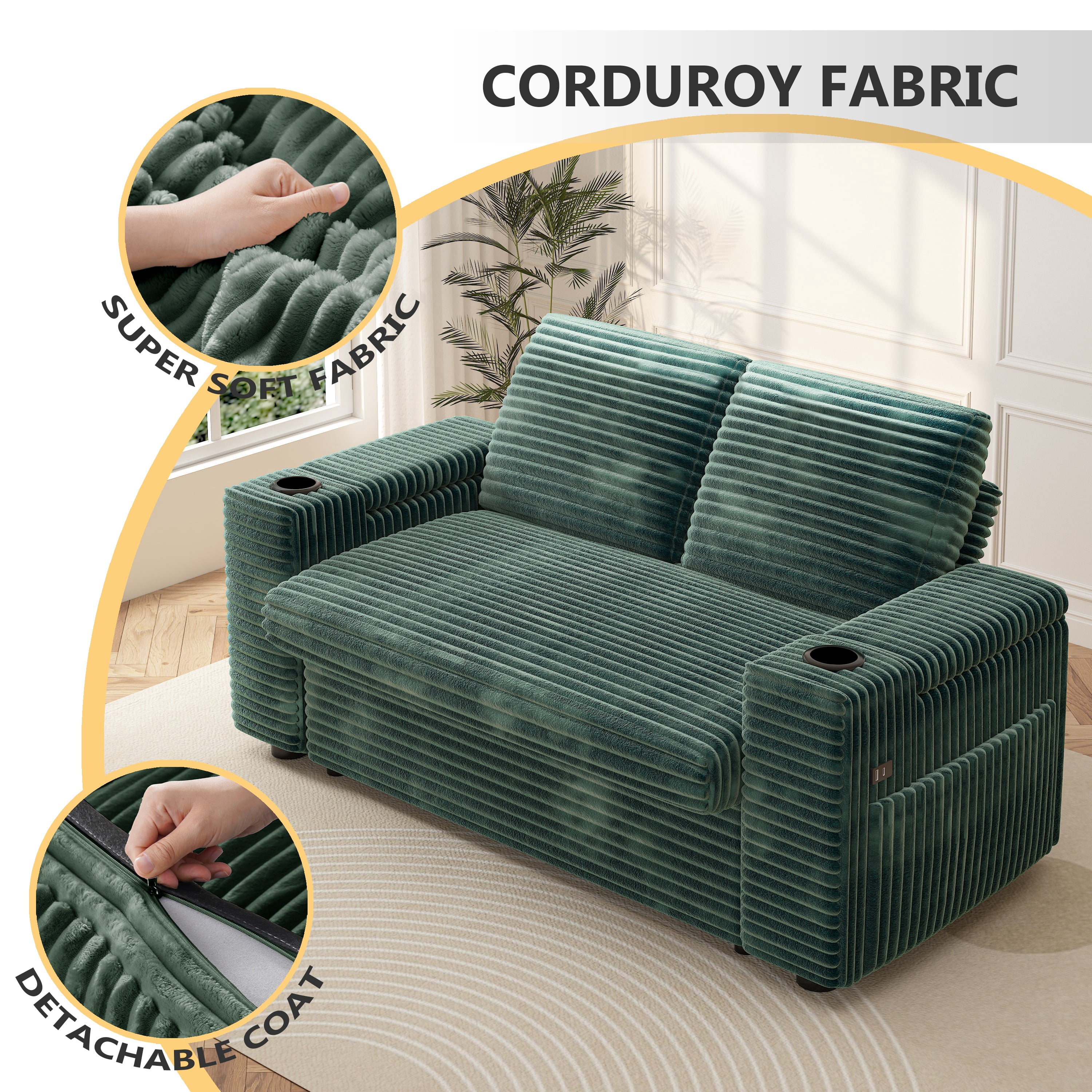 65" Multifunctional Plush Corduroy Loveseat Sleeper Sofa with Pull-Out Bed, Adjustable Backrest, USB Charging Ports, Cup Holders, Side Table & Storage Armrests, Easy Assembly