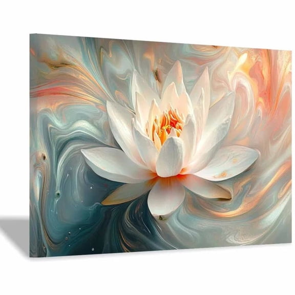 Mudket White Lotus Flower with Fluid Art Canvas Wall Art, Framed Floral Print, Ready to Hang Wall Decor for Living Room Bathroom, Calming Artwork - 12"L x 8"W