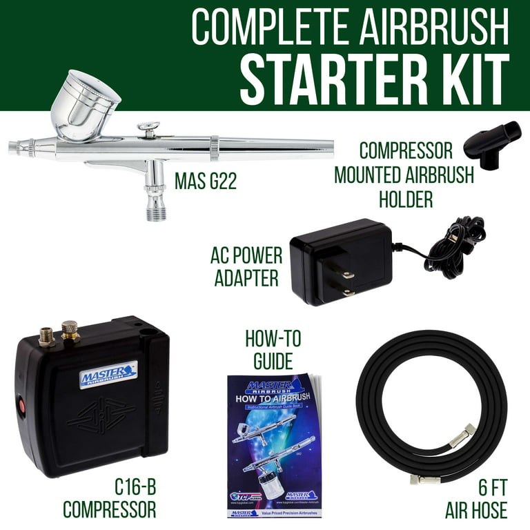 Master Airbrush Multi-purpose Gravity Feed Dual-action Airbrush Kit with 6  Foot Hose and a Powerful 1/5hp Single Piston Quiet Air Compressor