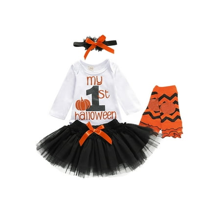 

Sunisery My 1st Halloween Baby Girls Clothes Sets Romper Mesh Skirt Headband Leg Warmers White 9-12 Months