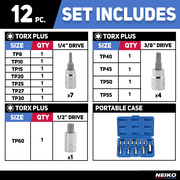 Neiko 10086A 6 Point Torx Plus Bit Socket Set, 1/4-Inch, 3/8-Inch and 1/2-Inch Drive, TP8 - TP60, 12-Piece