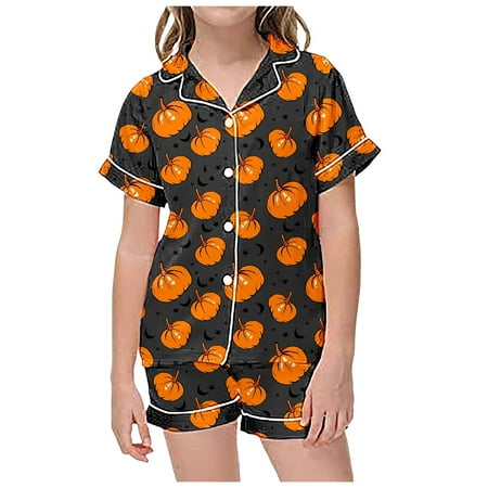 

REDARER Clearance Halloween 2 Piece Sets Pajamas for Kids Children Graphic Print Short Sleeve Button Shirt Shorts Pajama Set Halloween Costumes Woman 2024 Rose Gold 12-13 Years