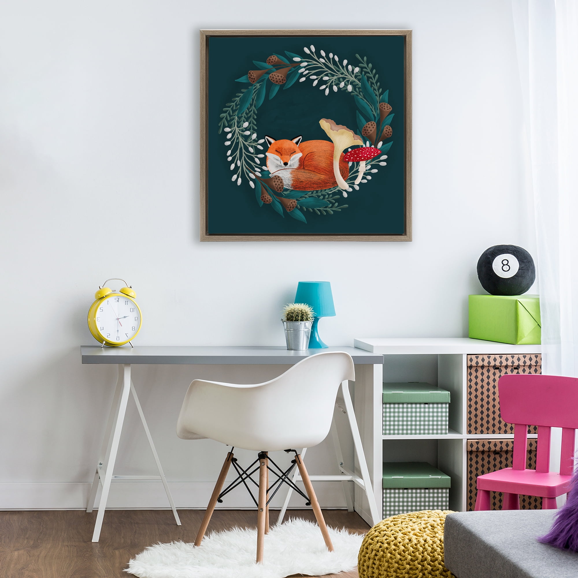 Sleepy Fox in Botanical Wreath Brown Framed Floater Canvas Wall Art, design by Metka Hiti