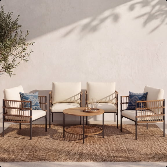 LAUSAINT HOME 5-Piece Patio Furniture Set, Outdoor Conversation with Wicker Chairs & Table, Beige Cushions