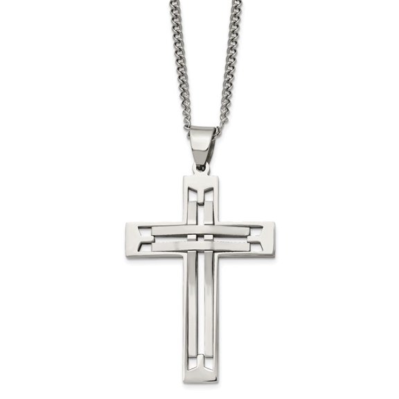 Auriga Fine Jewelry Stainless Steel Polished Cross Pendant on a Curb Chain Necklace for Men 24"