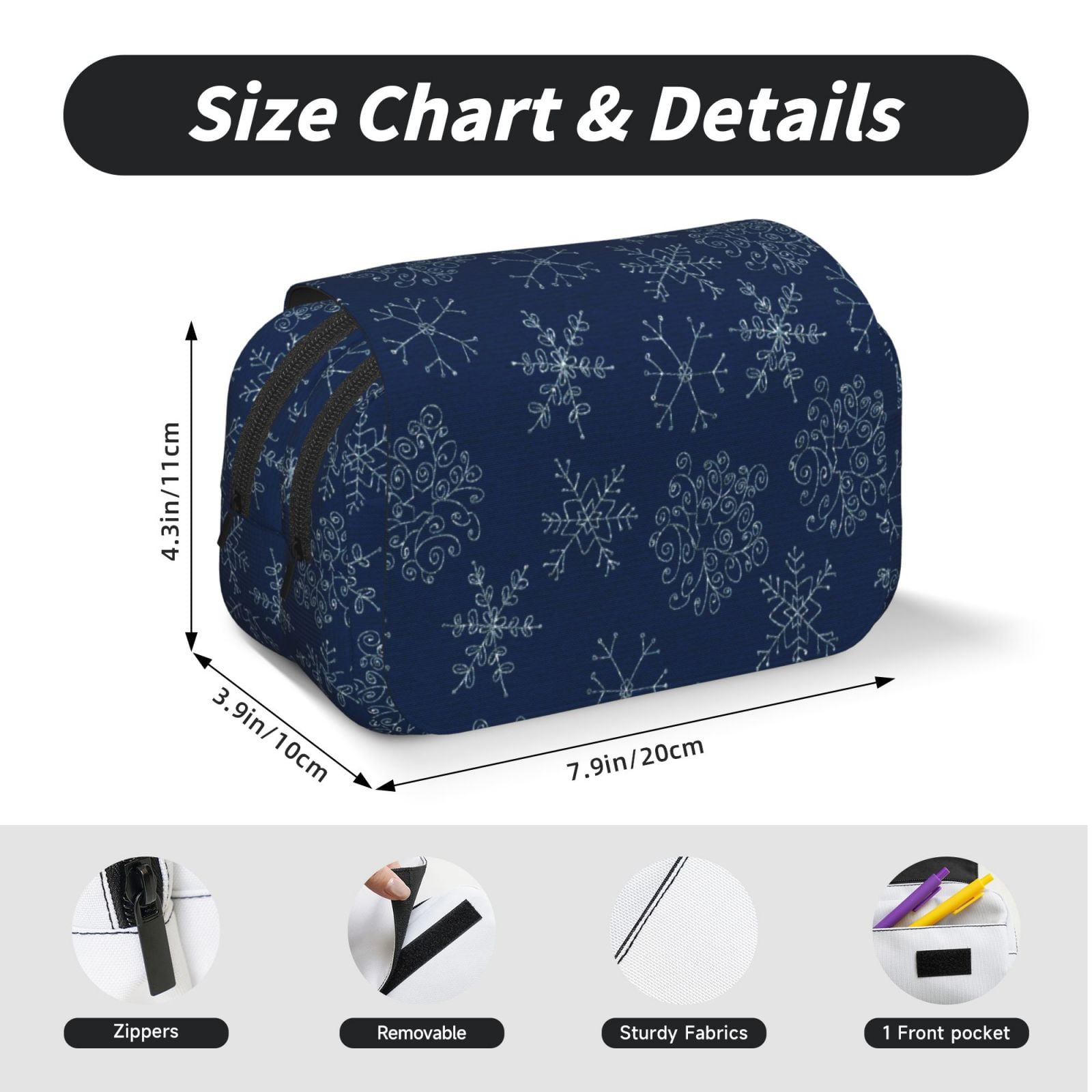 Rateoe Snowflake Dark Blue Pattern Double Clamshell Pen Case, Storage Organizer with Two Zipper Compartments– Holds Up to 50 Pencils & Pens