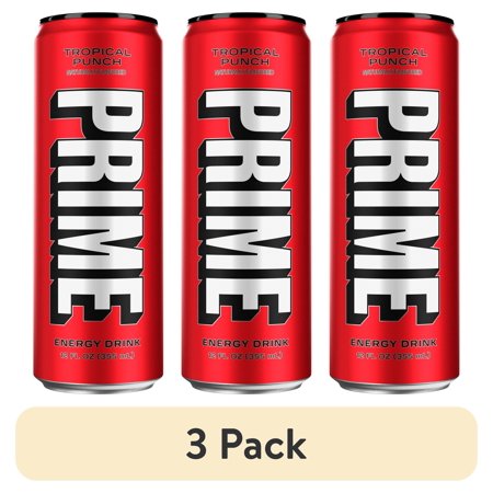 (3 pack) Prime Sugar Free Energy Drink, Tropical Punch, 12 fl oz, Can, 200mg Caffeine