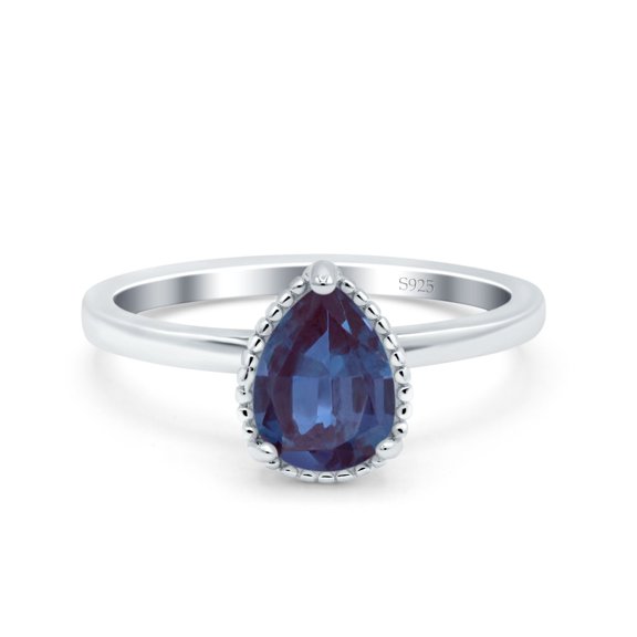 Lab Alexandrite Size-5 Art Deco Pear Teardrop Solitaire Ring Vintage Style Beaded Wedding Engagement Rings For Women 925 Sterling Silver Gifts For Her