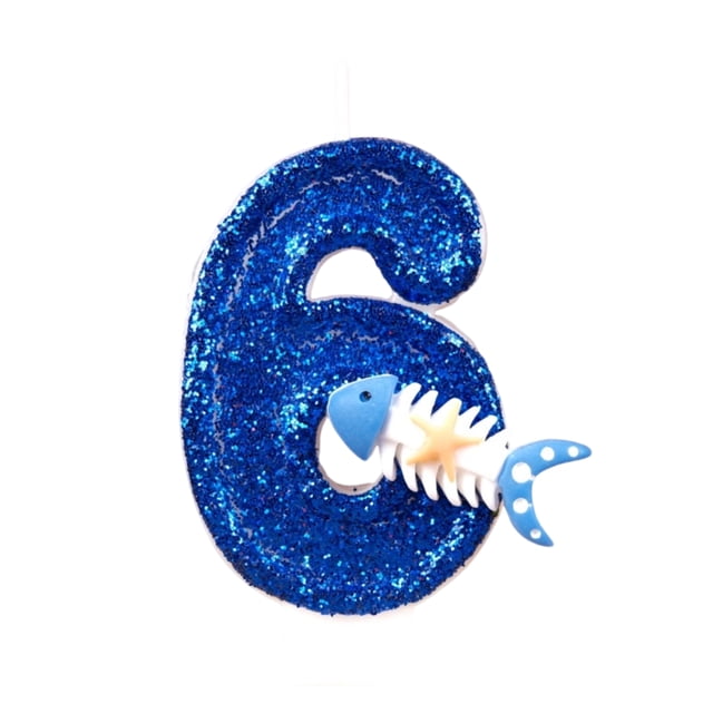 Goleeg Ocean-Themed Number Candles, Number 6 Blue Sparkle Birthday Candles with Fishbone and Starfish Designs, Nautical-Style Ocean-Themed Cake Decorations for Summer Beach and Pool Parties