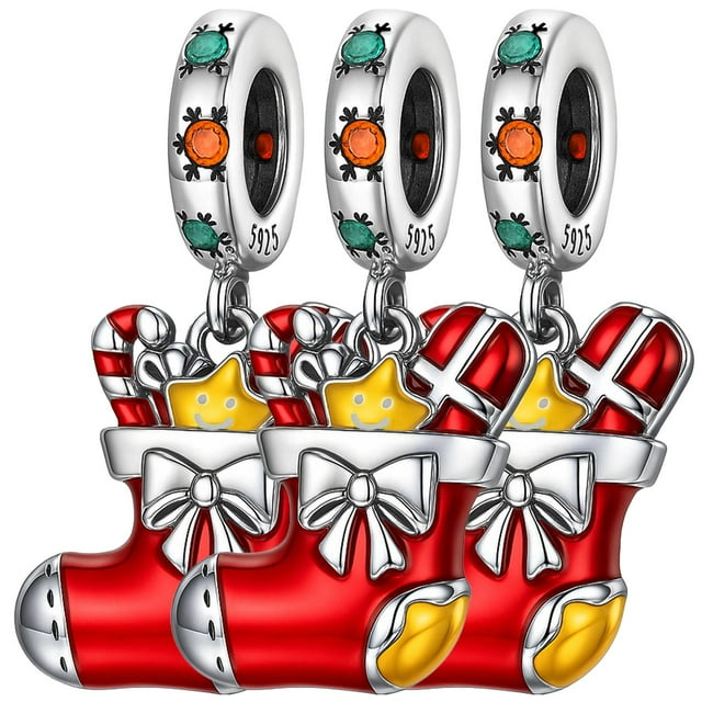 Charm bota navidad plata pulida XmasBoot01 3Pzas Plata S925 Chapa Colgante Fijo Bota Navideña Plata/Multicolor Caja Blan