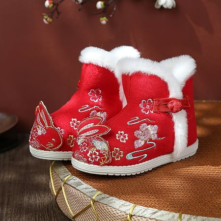 

HAXMNOU Short Boots For Children Gilrs Cloth Shoes Ethnic Style Cotton Boots Warm Winter Snow Boots Embroidery Print Shoes Red