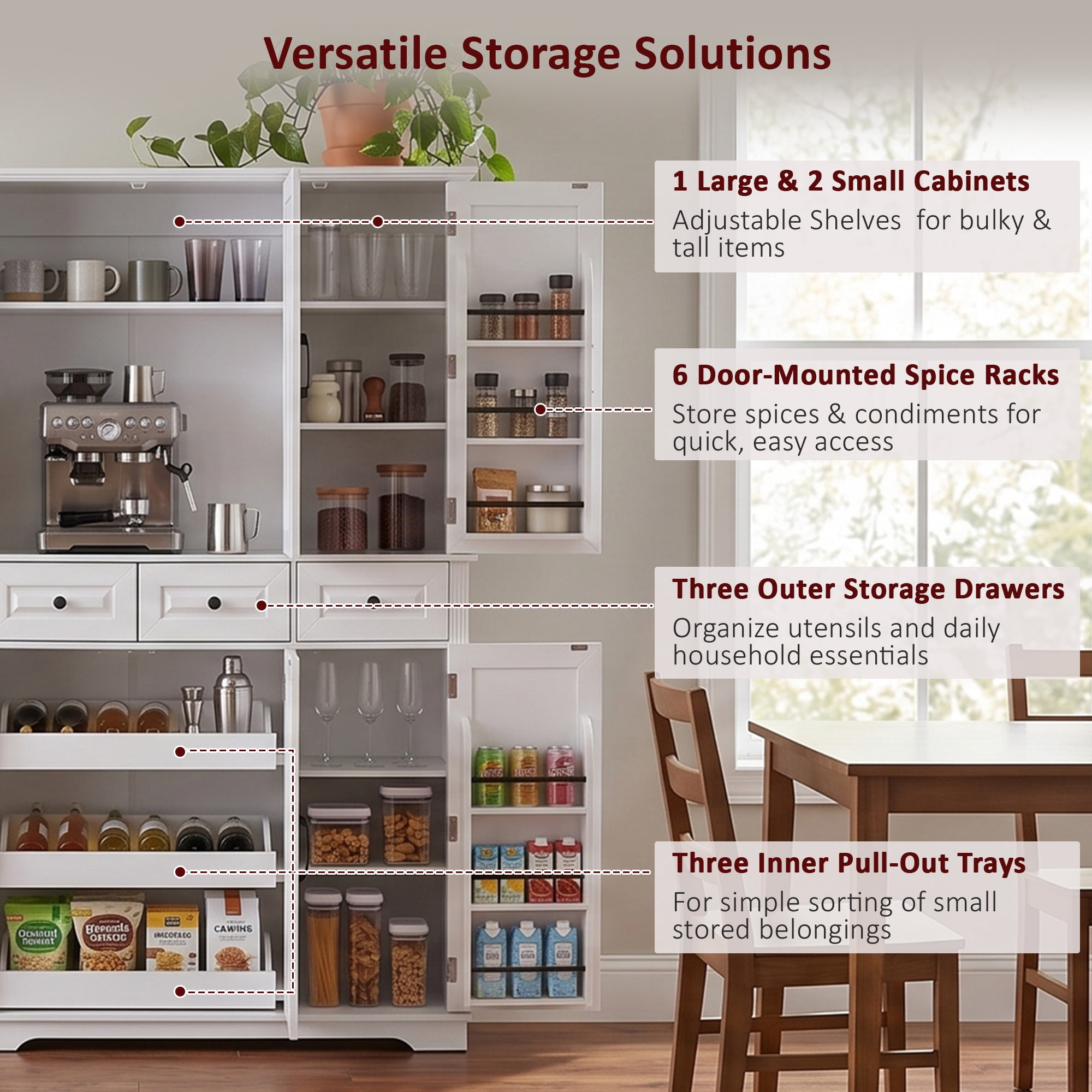 Euroco 72" Tall Kitchen Pantry Cabinet, Farmhouse Embossed Texture Cupboard Buffet with 3 Pull Out Tray, 6 Door Racks and 3 Drawers, Freestanding Storage Cabinet for Dining Room,White