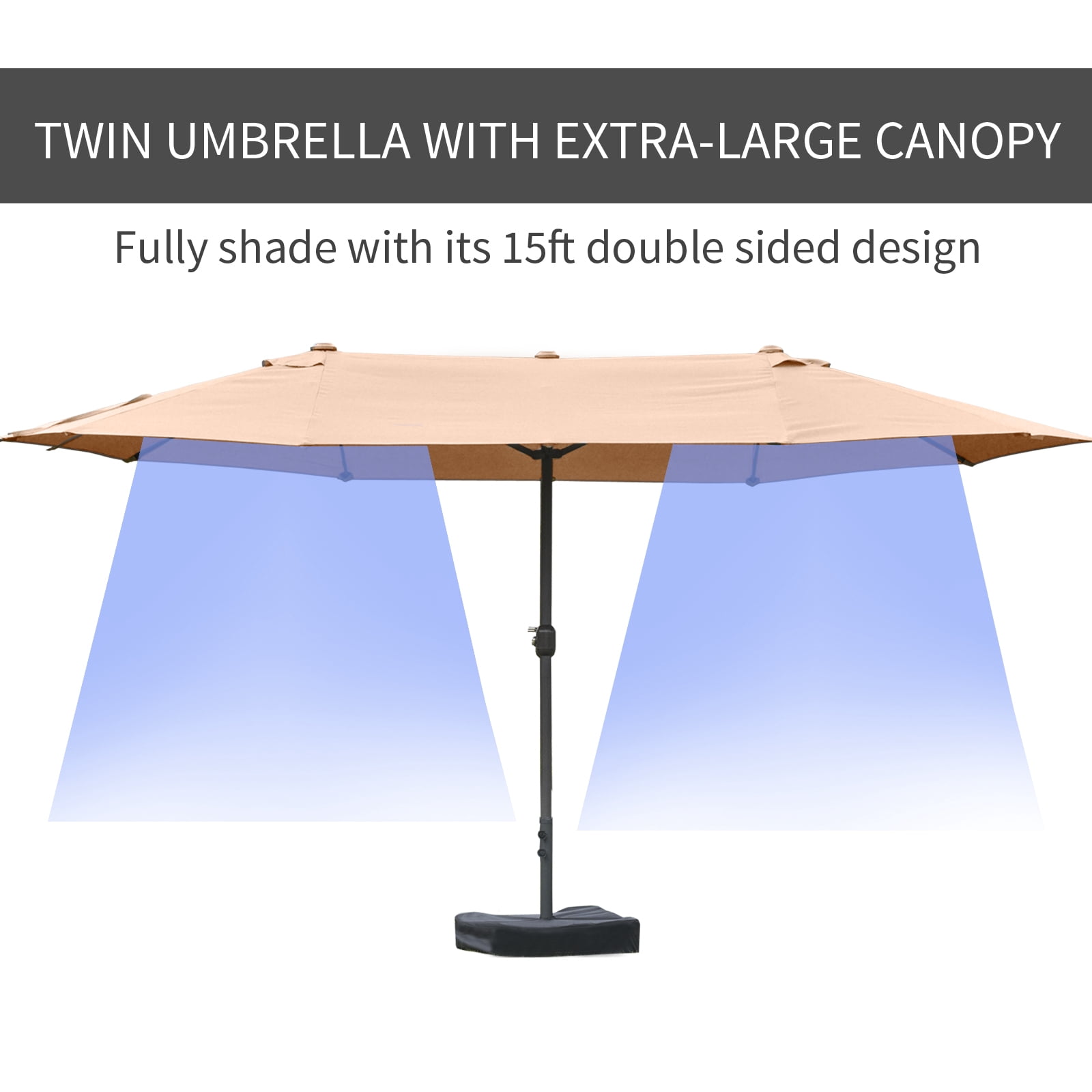 Outsunny Patio Umbrella 15' Steel Rectangular Outdoor Double Sided Market with base, Sun Protection & Easy Crank for Deck Pool Patio, Coffee