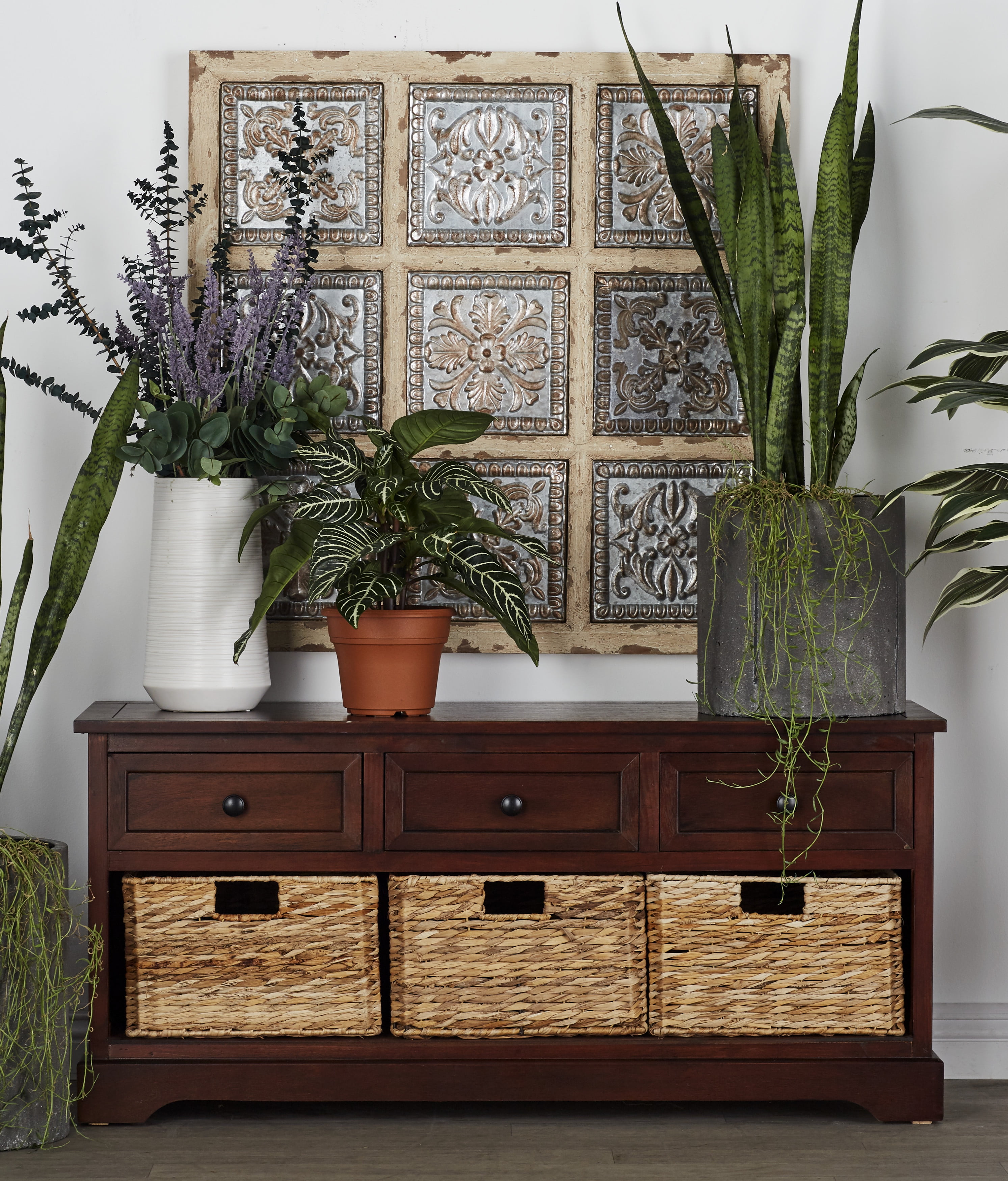 DecMode Rectangular Brown Wooden Storage Unit with Wicker Baskets, 42”L