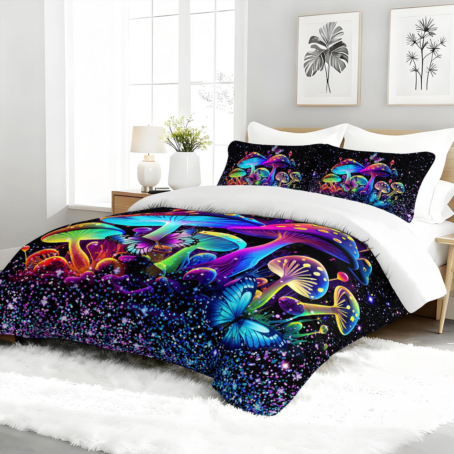 3pcs Psychedelic Mushroom Comforter Set, Neon Glow Bedding Set for Bedroom or Guest Room Decor, All Seasons Quilt Machine Washable Duvet with 2 Pillowcases