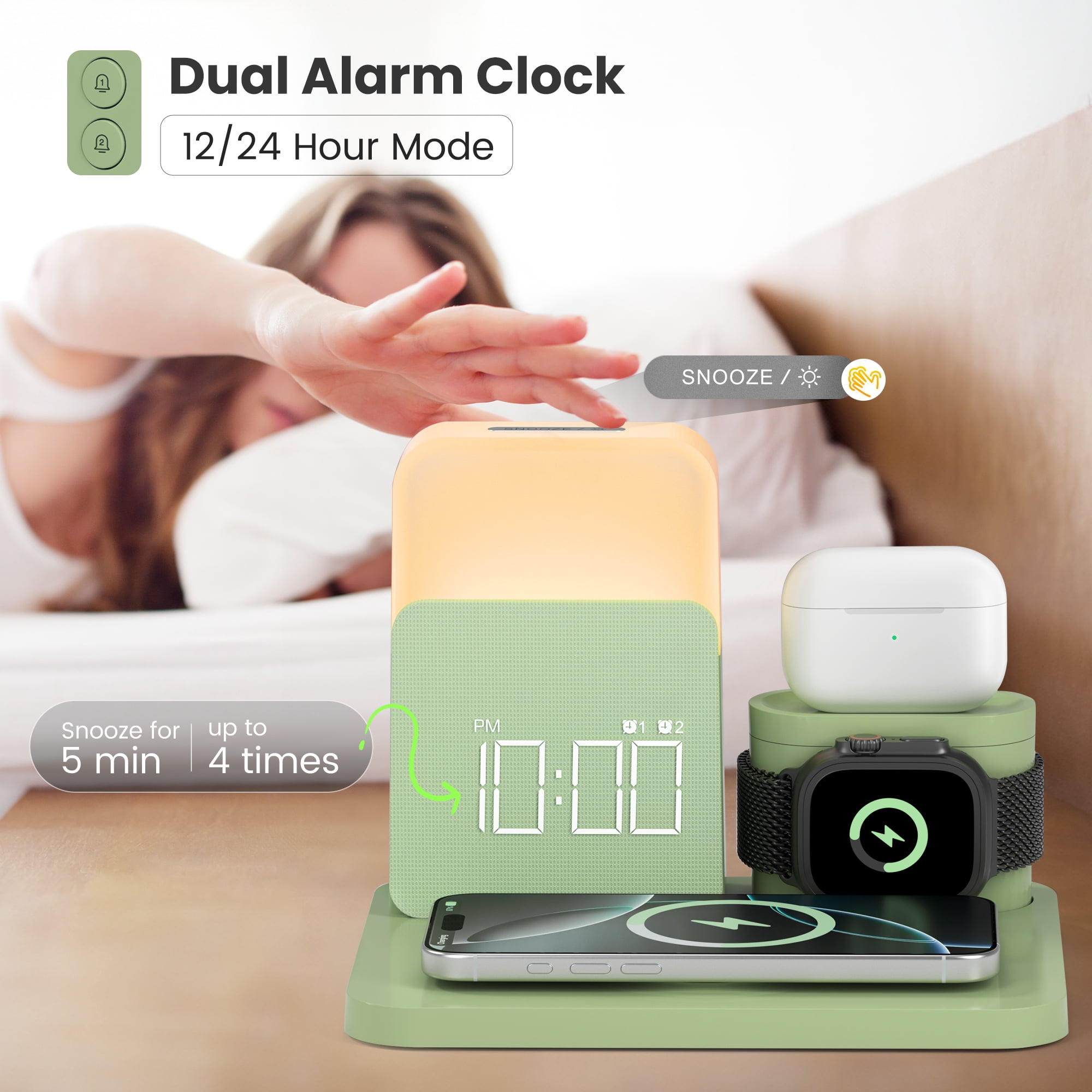 Wireless Charging Station 7 in 1 Compatible for iPhone 17/16/15/14/13/12 Pro Max, Apple Watch & AirPods with Alarm Clock, Night Light Green