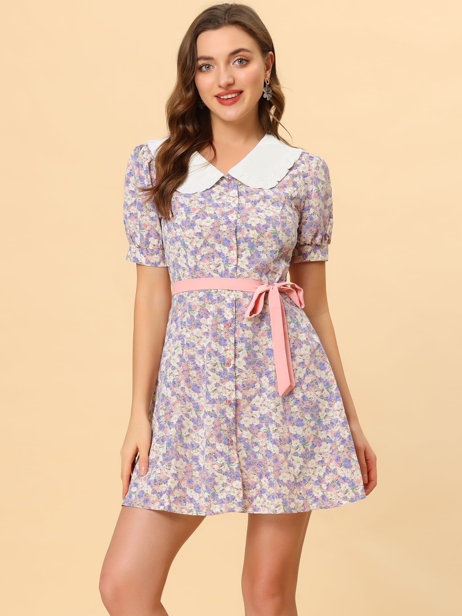 DARING DIVA Doll Collar Floral Bow Tie Short Sleeve A-line Dresses S Pink