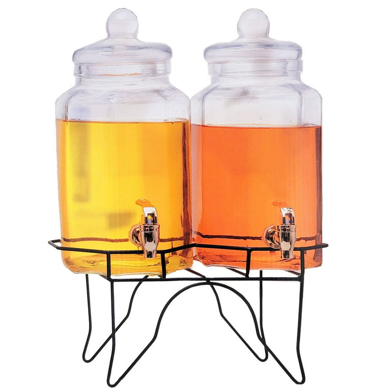 Set of 2 Glass Gravity Beverage Drink Dispensers with Stand & Copper Spigots