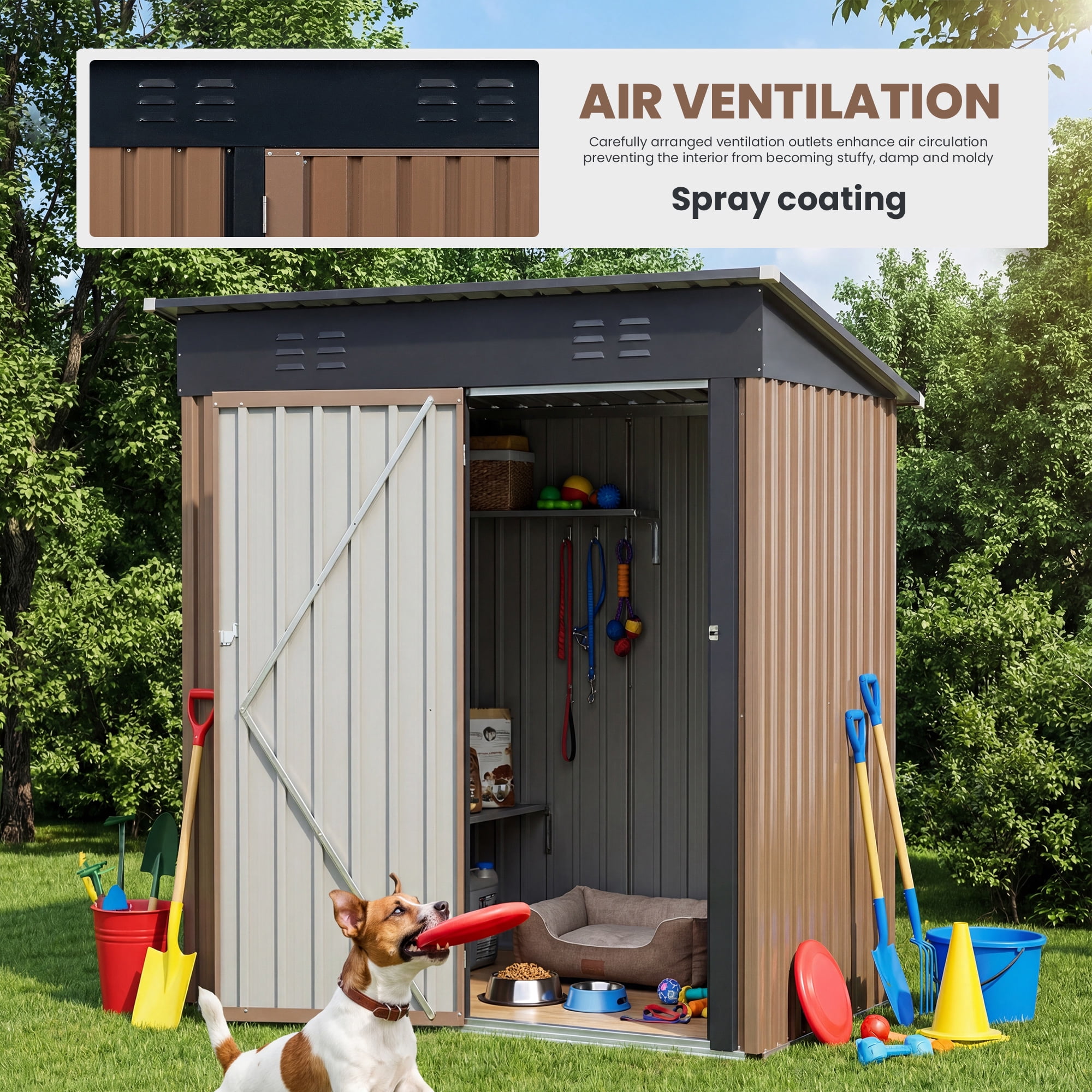EDX 5' x 3' Outdoor Metal Storage Shed with Lockable Door – Sloped Roof & Galvanized Steel, Brown
