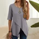 thumbnail image 2 of Jersey de lino y algodón Irregular para mujer, camiseta de media manga ajustada con cuello redondo, camisetas informales elegantes de verano, Color sólido, 2 of 5