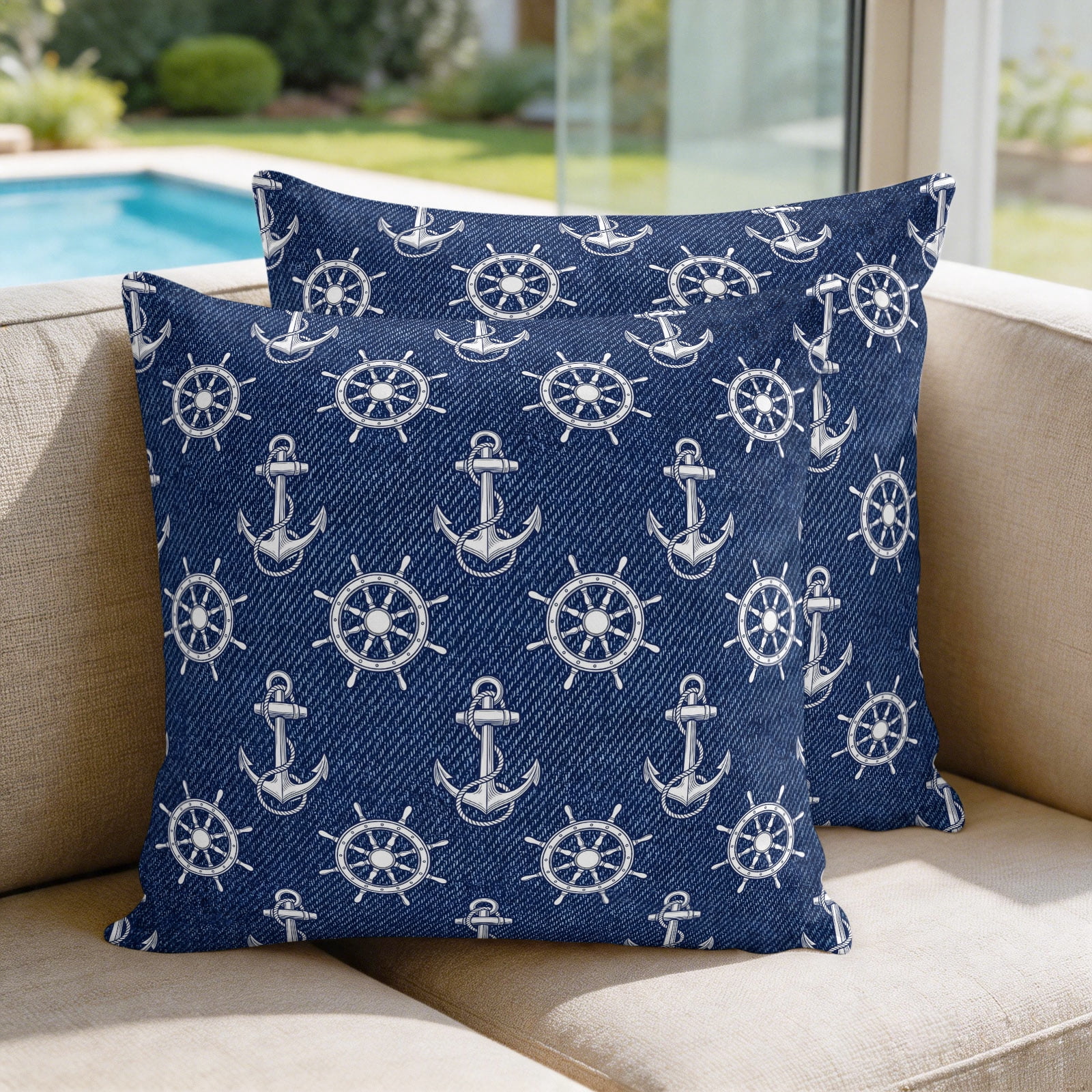 クッション・座布団 ANCHOR INC. FABRIC LOGO CANVAS CUSHION Pillow Covers 26x26 Set of 2, Navy Blue Anchor Nautical Throw