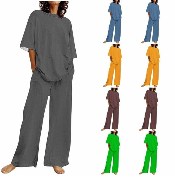 Hrsba Solid Color Short Sleeve Crew Neck Tops with Pants 2 Piece Set for Women Casual Summer Outfits Soft Comfortable Wear