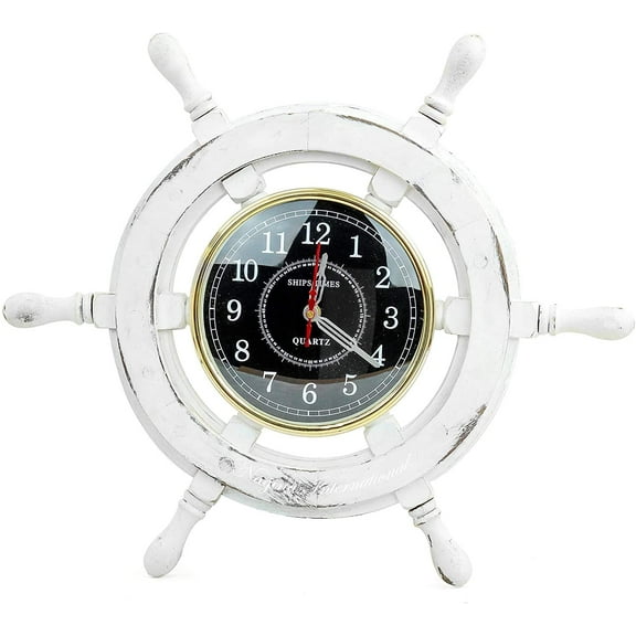 12" Wooden Ship Wheel | Pirate's Nautical Decor Wall Hanging Clock | Beautiful Numeric Style Vintage Vanta Black Dial | House Warming Gifts Idea