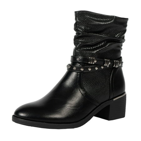 

GNEIKDEING Women Short Boots Retro Pointed Toe Chunky Block Heel Booties Ladies Shoes Gift on Clearance