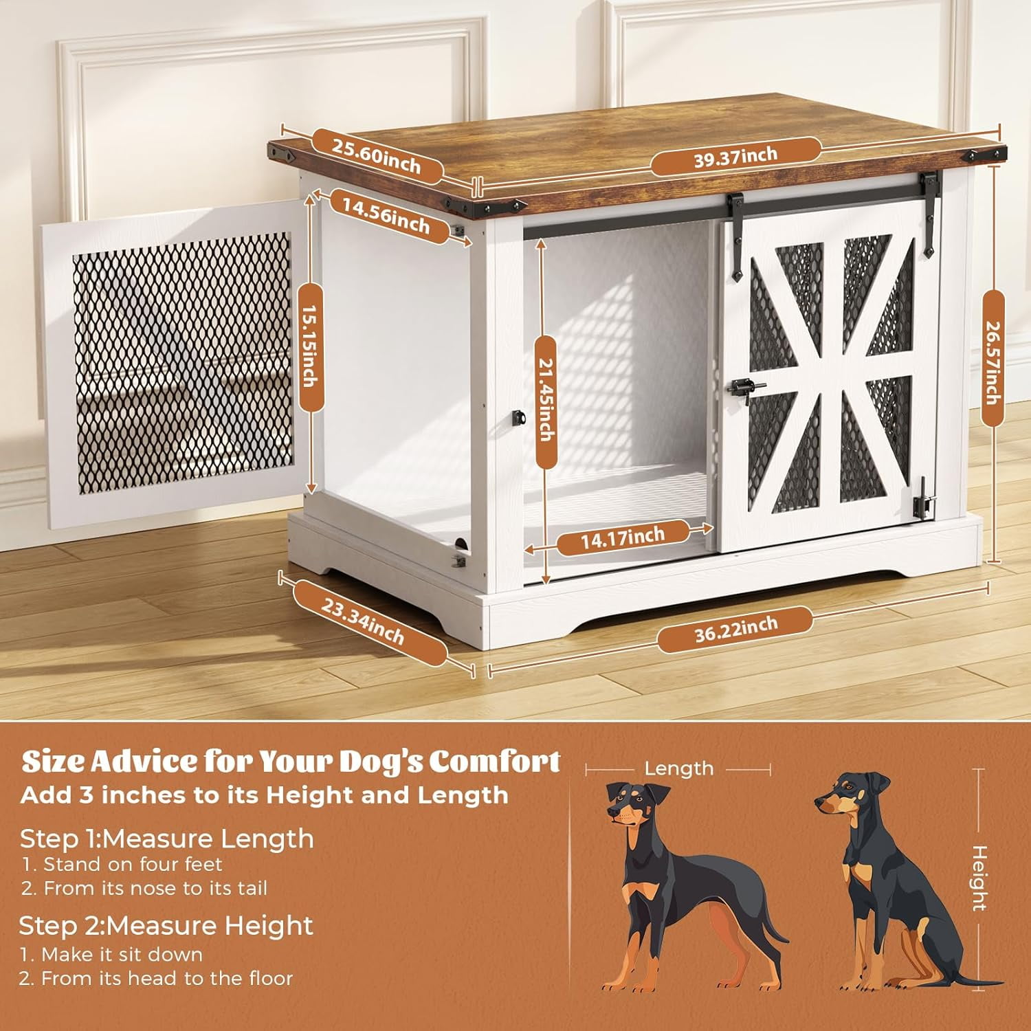 Flycity 39.4''Farmhouse Dog Crate Furniture with Sliding Door, Heavy Duty Dog Crate for Small Medium Dogs, Wooden Dog Kennel Indoor with 3 Doors, Decorative Pet House End Table for Living Room, White