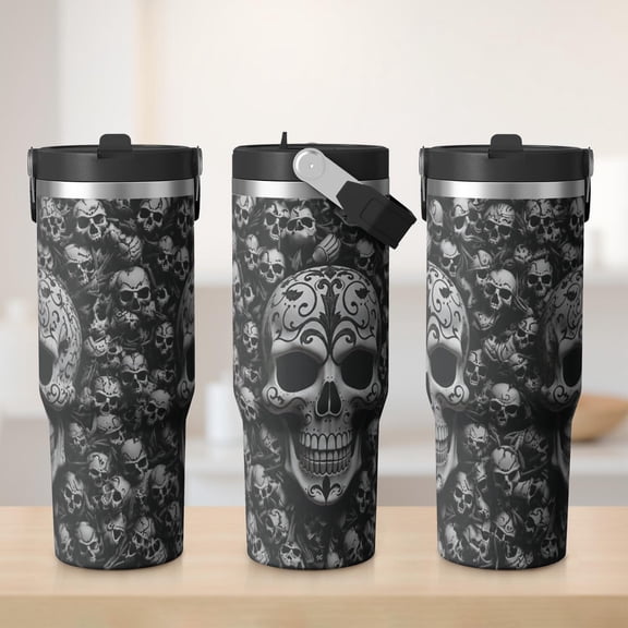 30oz Skull Tumbler with Handle Insulated Stainless Tumbler , Travel Home Office Coffee Cup Water Bottle,Mug Cup,Gifts for Women Halloween gift