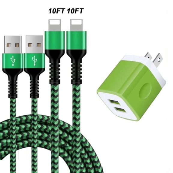 Compatible for iPhone Charger, 2 Pack 10FT USB Charging Cable 2 Port Wall Charger Block, Fast Charging Cord with USB Power Adapter Compatible for iPhone 14 13 12 11 Pro Max, iPad, AirPods(Green)