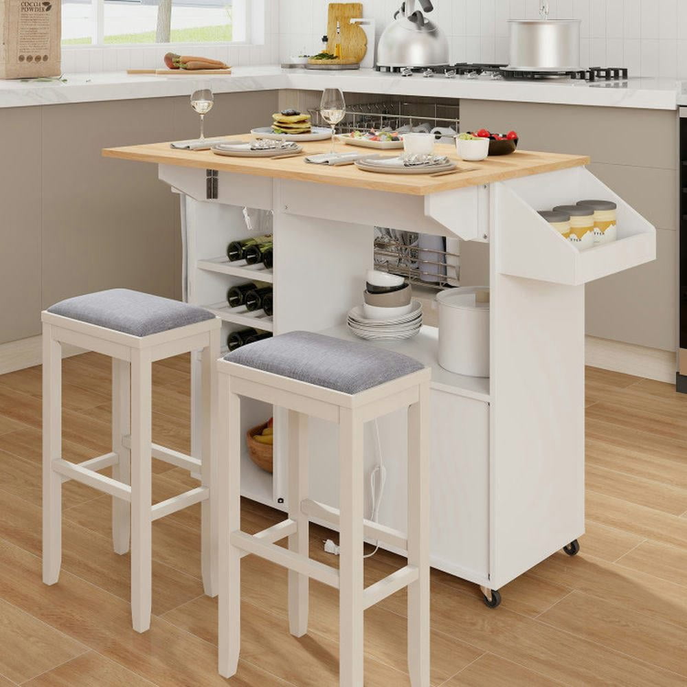 YYAo Kitchen Storage Island, Kitchen Cart,Drop Leaf Mobile Kitchen Island Cart with Power Outlet and Adjustable Shelf-White