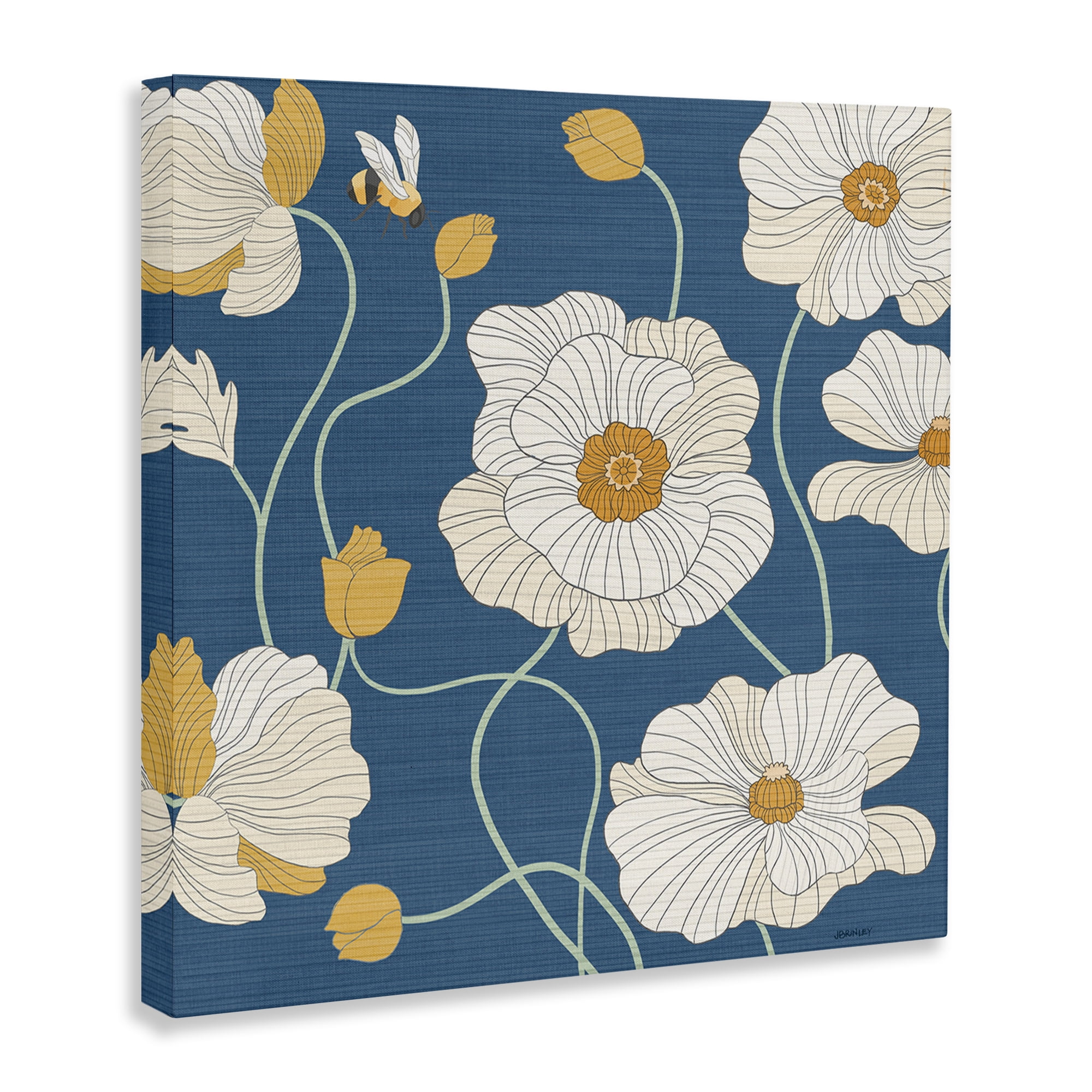 Stupell Industries Bee & White Poppies Plants & Flowers Painting Wrapped Canvas Art Print Wall Art, 24 x 24