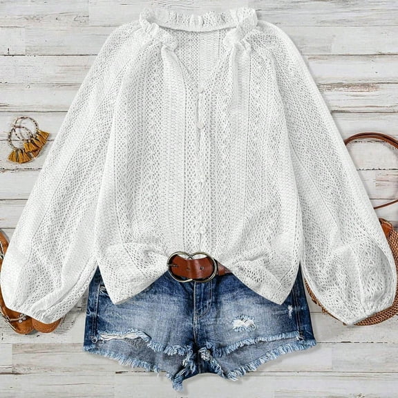 FDGIU Women's Lace Long Sleeve Blouse 2025 - Oversized Crew Neck Top, Trendy Fall Winter Work & Date Outfit, Casual Business Shirt
