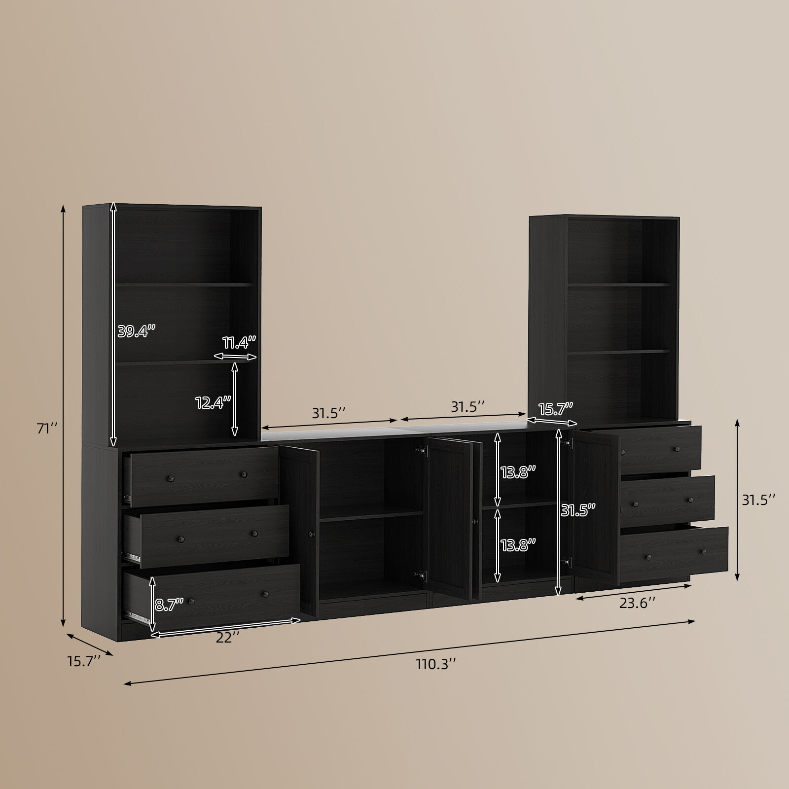 RichYa 4-Piece Entertainment Center with Bookshelves for TVs,TV Stand for TVs up to 60”,TV Stand Cabinets with 6 Drawers for Living Room,Black