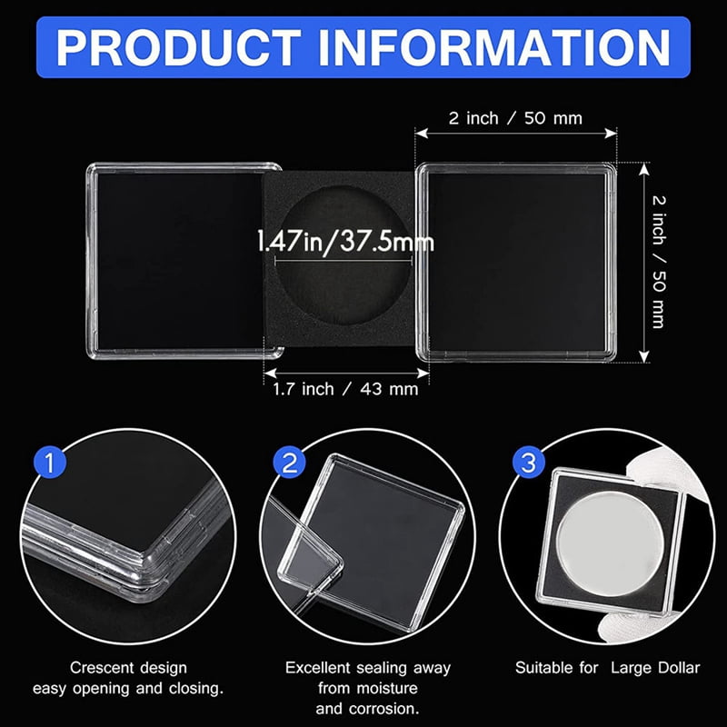 80 Pcs Silver Dollar Coin Holder, 2 X 2 Half Dollar Coin Holder Coin Capsule Coin Snap Plastic Coin Holder, 37.5mm