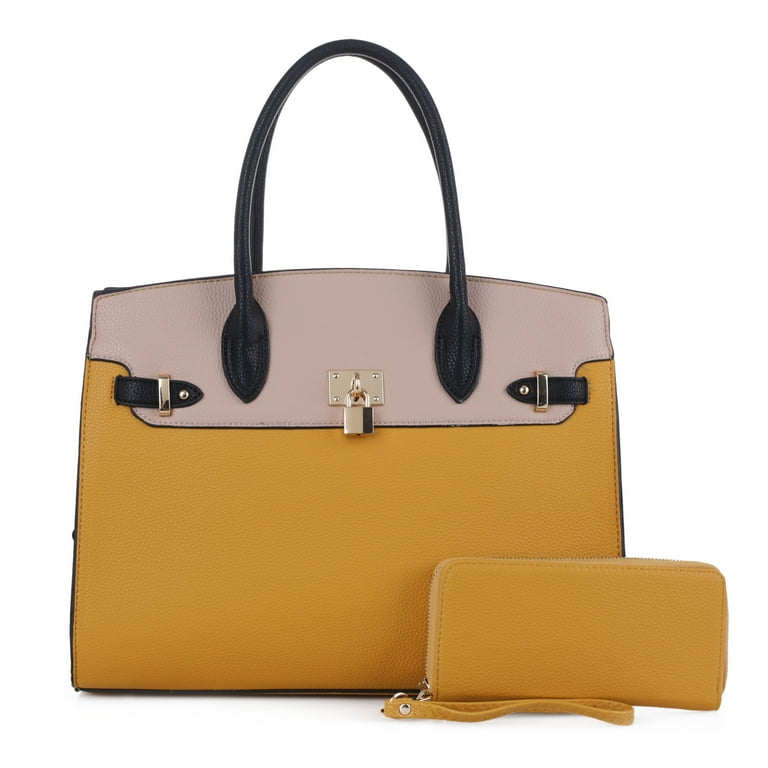 DELUXITY Designer Top Handle Satchel Handbag Tote Bag Briefcase 2pc Set Mustard Beige Walmart
