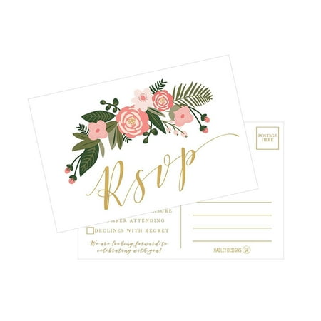 50 Blank Gold Floral RSVP Cards, RSVP Postcards No Envelopes Needed, Response Card, RSVP Reply, RSVP kit for Wedding, Rehearsal, Baby Bridal Shower, Birthday, Plain Bachelorette Party