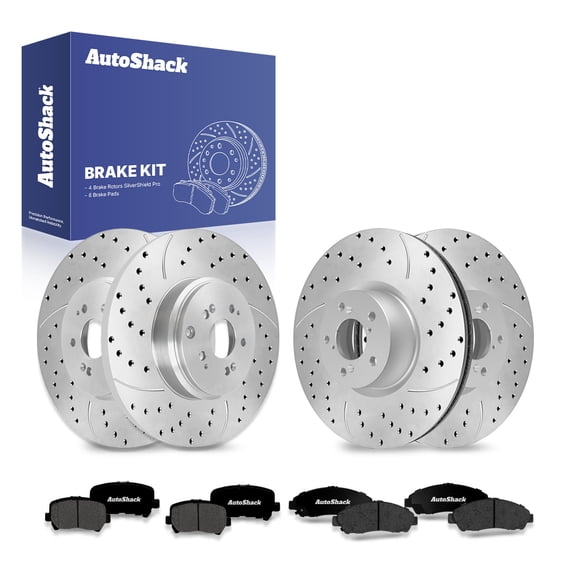 AutoShack Front & Rear Brake Rotors & Premium Pads for Honda & Acura, Pilot 2009-2015 MDX 2007-2013 ZDX 2010-2013, AWD FWD V6 3.5L 3.7L - Silver Zinc Coated Drilled & Slotted - SilverShield Pro