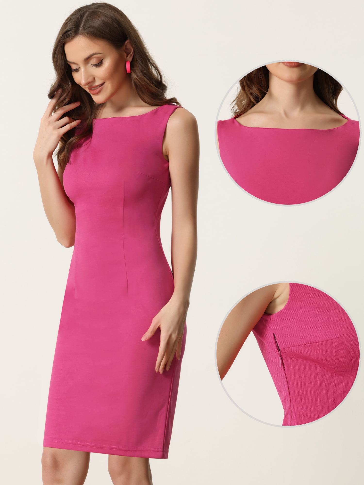 DARING DIVA Sleeveless Sheath Dress Boat Neck Casual Office Dresses M Hot Pink