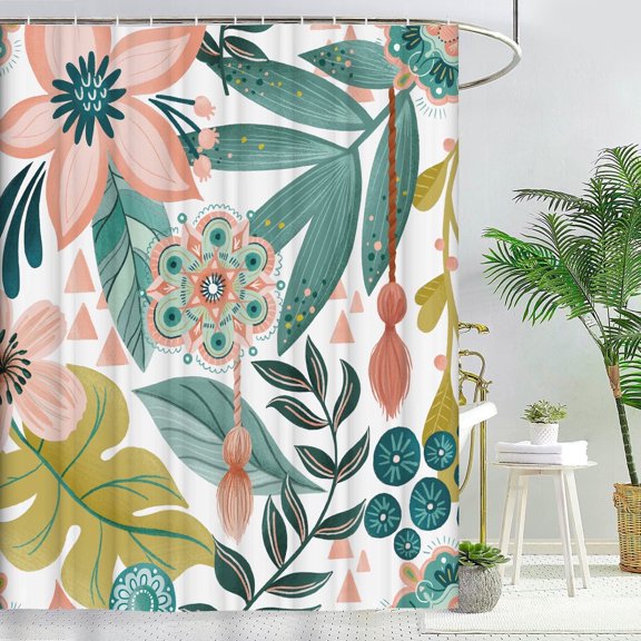 Abstract Bohemian Floral Botanical Shower Curtain, Mid Century Morden Boho Shower Curtain, Waterproof Shower Curtains for Bathroom