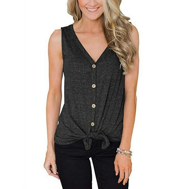 Camisetas sin mangas con cuello en V y botones para mujer camisas basicas sin mangas de verano informales camisola con tiras en la parte delantera gris XL Sincero Ropa Walmart en linea