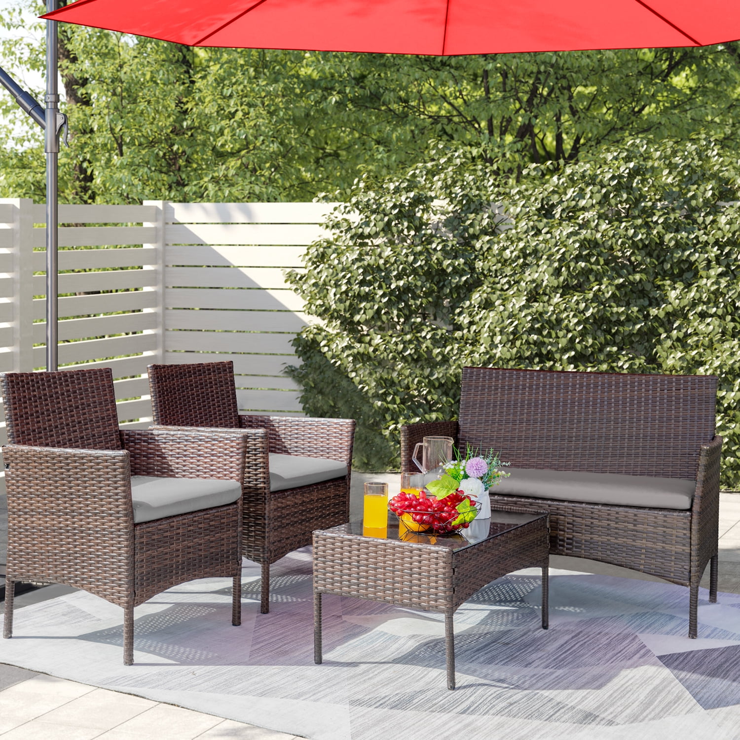 Devoko 4 Pieces Outdoor Patio Conversation Set PE Rattan Wicker Furniture Set, Brown/Gray
